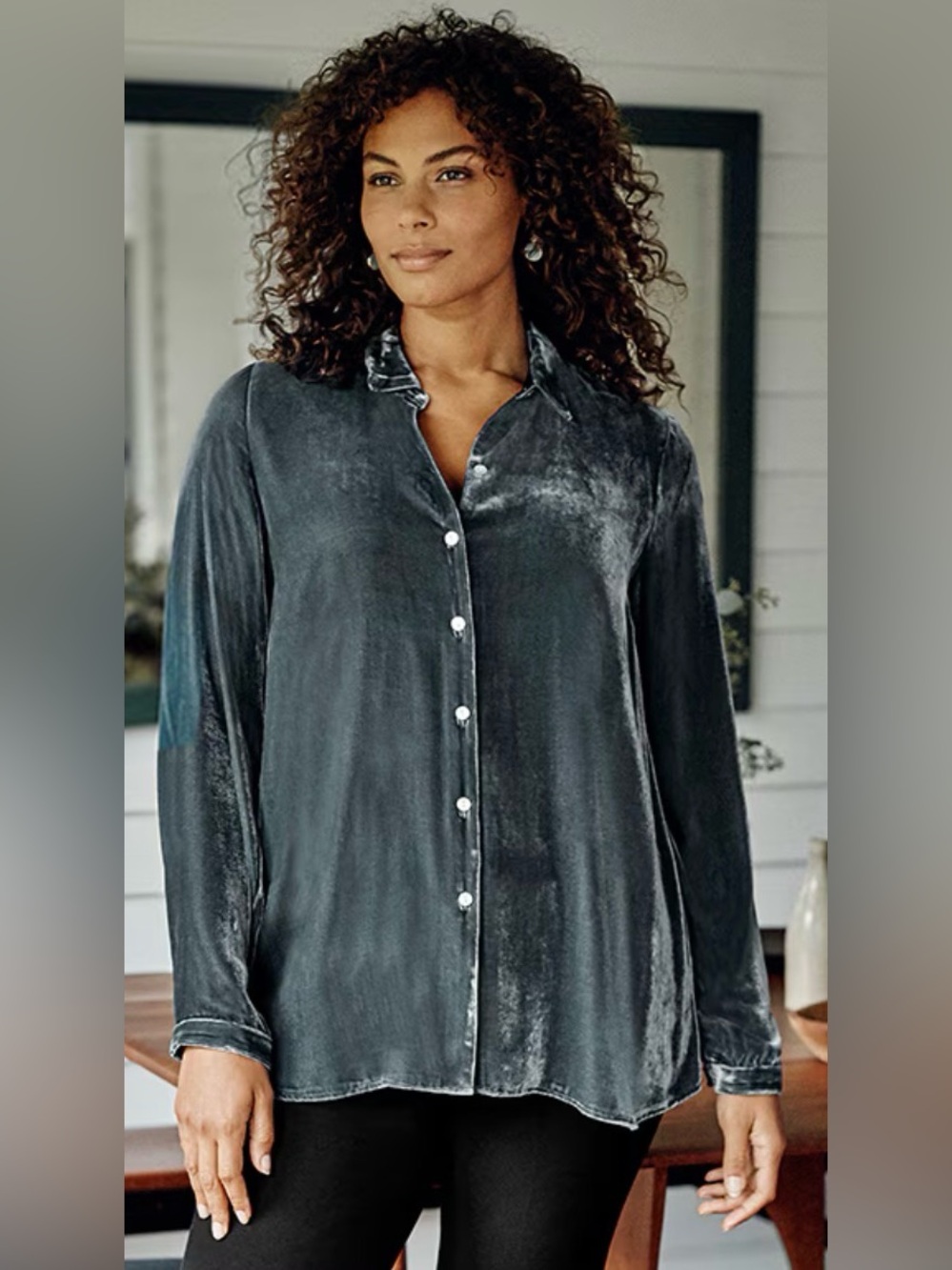 J. Jill Plush Slate Gray Touch of Blue Velvet Silk Blend Button-Front Shirt Sz M